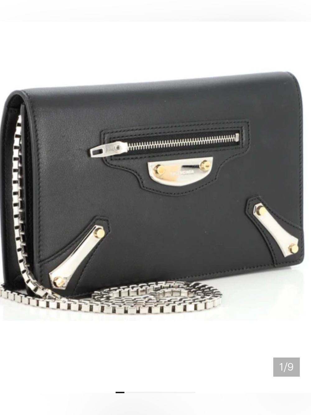 NWT BALENCIAGA Black Leather City Wallet Clutch Bag Sleek Silver Shoulder Chain